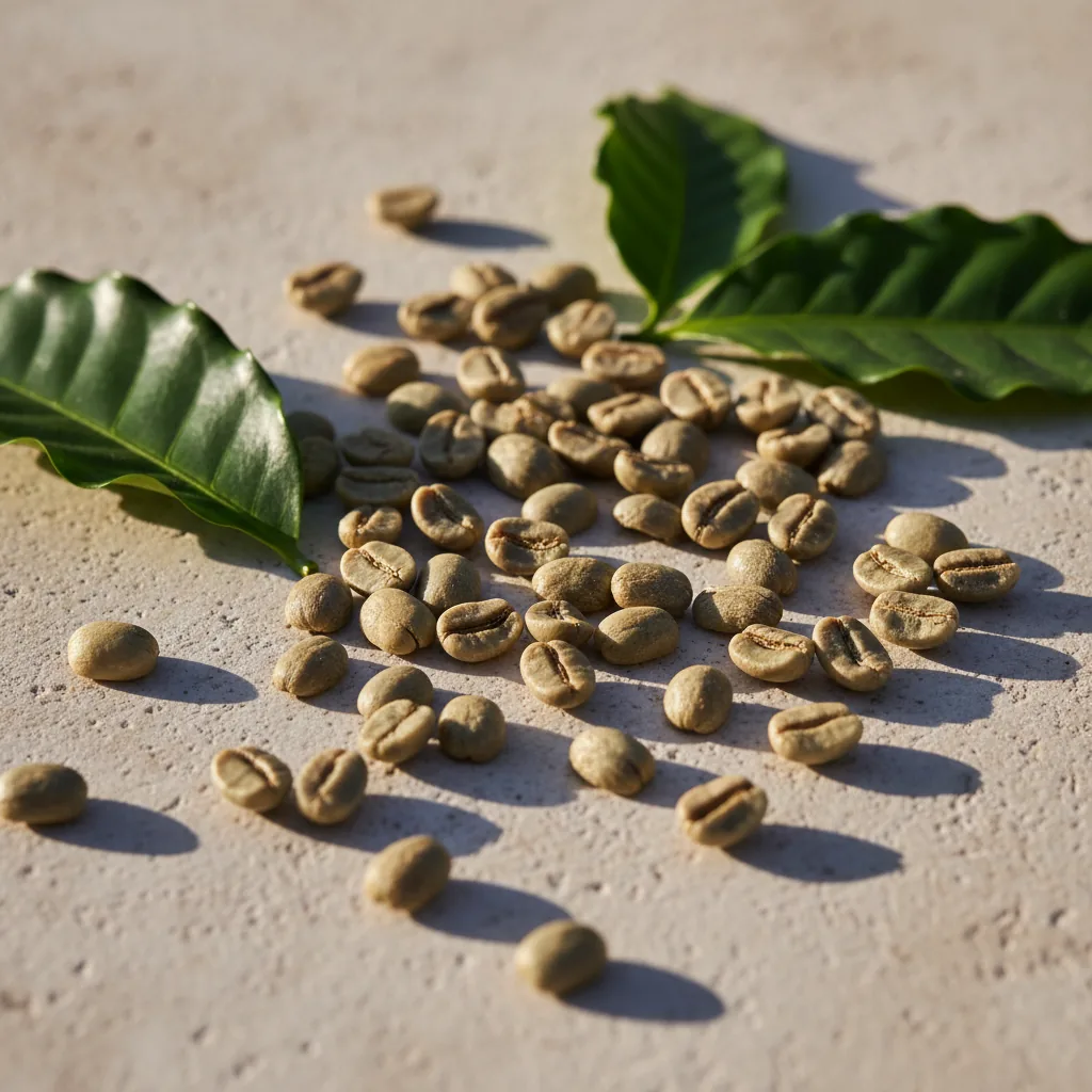 Raw green coffee beans on stone surface - green coffee bean extract supplement for metabolism support