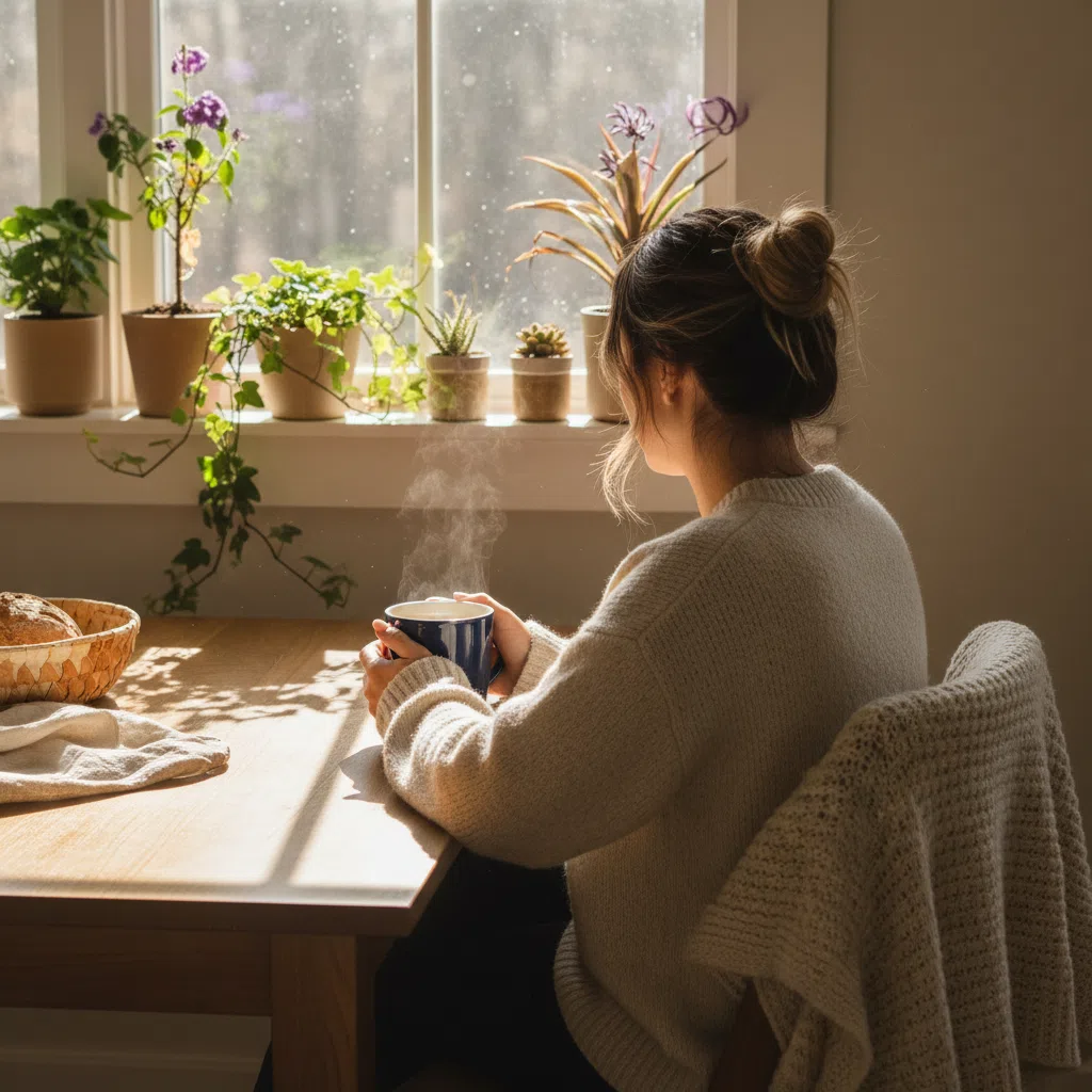 Anonymous person at kitchen table with warm morning coffee - Slim Coffee Booster daily routine